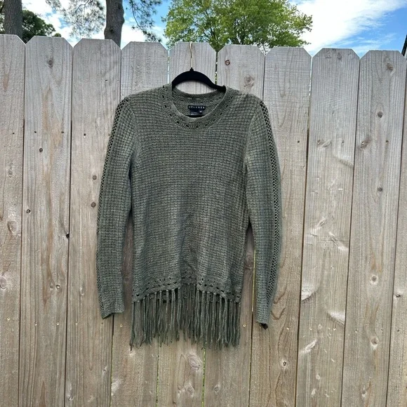 Green Knit Fringe Sweater size medium fall winter tassel cozy rayon wool spanner - Picture 2 of 12